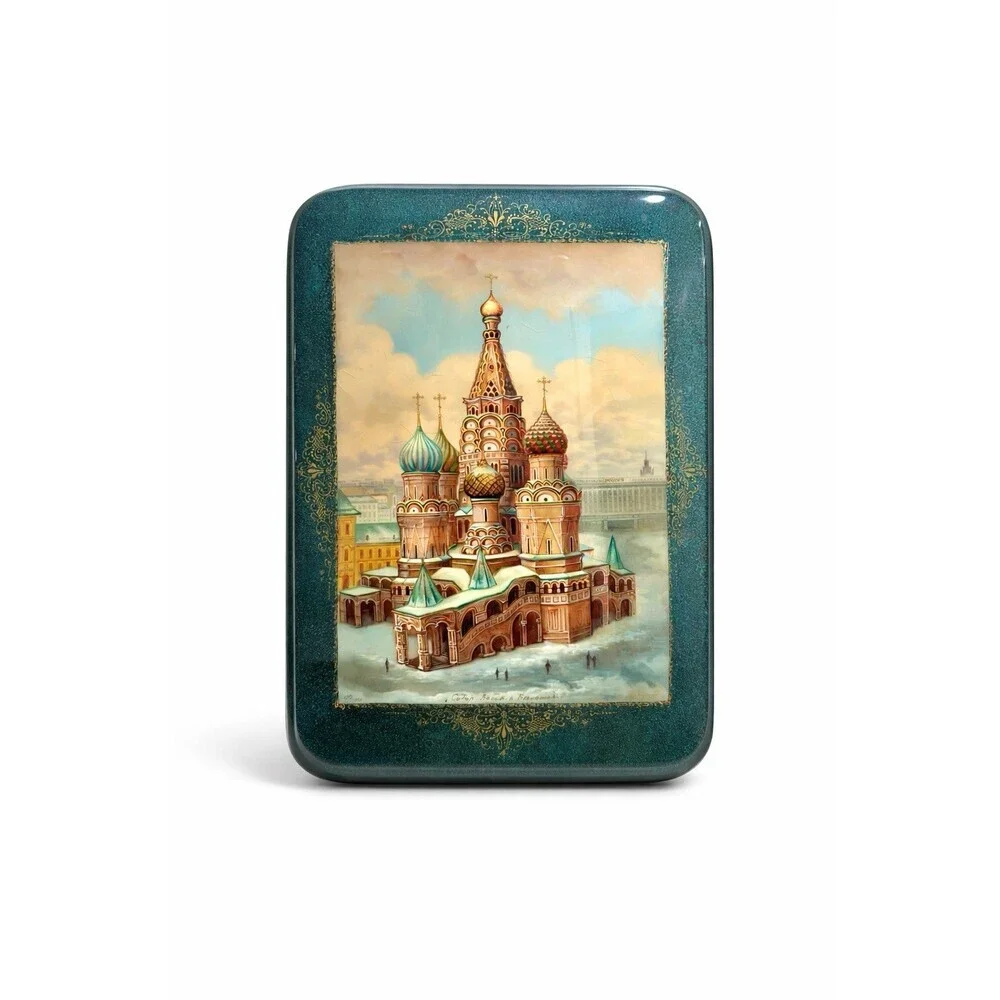 Signed Russian Lacquer Box St. Basil’s Cathedral Moscow Hand-Painted Hinged Box